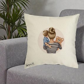 Cadou pentru Mama - Perna Personalizata Mama si Baietelul cu Ursulet, 40x40 cm, Ecru, Husa Detasabila, Perna Inclusa, BEKZ®