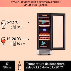 Klarstein Vinovilla 17 Built-in Duo Onyx Edition, vinotecă cu două zone, 53 l, 17 sticle, ușă din sticlă în 3 culori