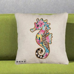 Perna Decorativa Calut de Mare Glitter Tropical, 40x40 cm, Bej Canapea, Husa Detasabila, Perna Inclusa, BEKZ®