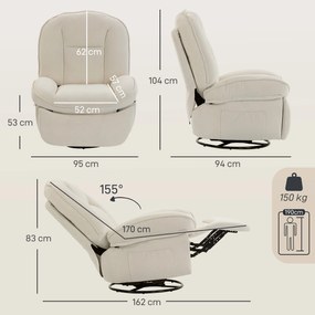 HOMCOM Fotoliu recliner, fotoliu rotativ cu funcție de balans și șezlong, șezut adânc, pernuță spate groasă, montaj ușor, crem | Aosom Romania