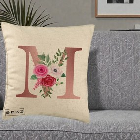 Cadou Personalizat - Perna Personalizata Monograma Rose Gold Litera M cu Trandafiri, 40x40 cm, Bej, Husa Detasabila, Perna Inclusa, BEKZ®