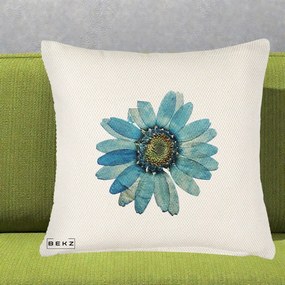 Perna Decorativa Floare Margareta Albastra Acuarela, 40x40 cm, Crem Reliefat, Husa Detasabila, Perna Inclusa, BEKZ®
