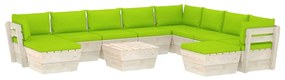 Set mobilier gradina din paleti cu perne, 11 piese, verde aprins, lemn molid verde aprins, 3x colt + 5x mijloc + masa + 2x suport pentru picioare, 1