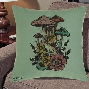 Perna Decorativa Ciuperci si Broaste Boho, 40x40 cm, Verde, Husa Detasabila, Perna Inclusa, BEKZ®