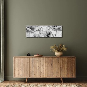 Tablou - Flori alb-negru pe fundal (cu ceas) (90x30 cm)