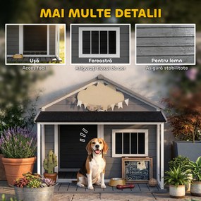 PawHut Casuță din Lemn de Exterior pentru Câini, Cușcă pentru Câini cu Terasă, Fereastră și Acoperiș Impermeabil, 124x112x105 cm, Gri | Aosom Romania