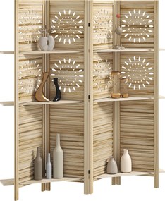 HOMCOM Paravan interior 4 panouri și 3 rafturi, 160 x 170 cm, separator de cameră pliabil, lemn de paulownia, lemn natural | Aosom Romania