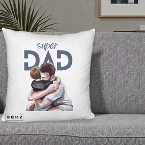 Cadou pentru Tata - Perna Personalizata Super Dad Tata si Fiu Imbratisare, 40x40 cm, Alb Pufos, Husa Detasabila, Perna Inclusa, BEKZ®