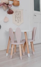 Set masuta rotunda alba si 2 scaunele iepuras roz