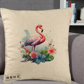 Perna Decorativa Flamingo cu Flori Tropicale Acuarela, 40x40 cm, Bej, Husa Detasabila, Perna Inclusa, BEKZ®