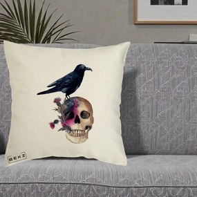 Perna Decorativa Craniu cu Corb si Flori Gothic, 40x40 cm, Ecru, Husa Detasabila, Perna Inclusa, BEKZ®