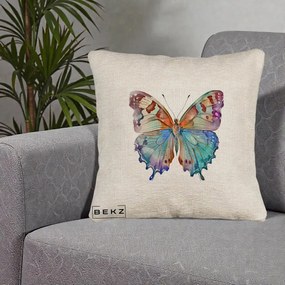Perna Decorativa Fluture Acuarela Multicolor Portocaliu-Bleu-Mov, 40x40 cm, Bej Canapea, Husa Detasabila, Perna Inclusa, BEKZ®