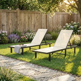 Outsunny Set de 2 șezlonguri reclinabile cu roți Spătar reglabil 4 nivele Cadru aluminiu Țesătură textilene Bej | Aosom Romania