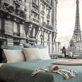 Tapet autoadeziv Turnul Eiffel de pe strada Parisului în alb-negru