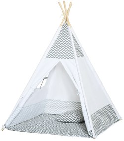 HOMCOM Cort Teepee Indian Cort de joacă pentru Copii în Stil Grafic - dim. 1,2L x 1,2l x 1,55H m - Ușă închisă Fereastră Covor Pernă Geantă Transport Inclusă - la Interior și Exterior Gri Alb | Aosom Romania