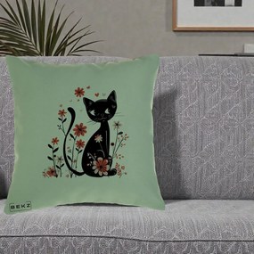 Perna Decorativa Pisica Neagra Flori Roz si Inimi, 40x40 cm, Verde, Husa Detasabila, Perna Inclusa, BEKZ®