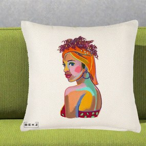 Perna Decorativa Portret Femeie Colorat Pop Art, 40x40 cm, Crem Reliefat, Husa Detasabila, Perna Inclusa, BEKZ®