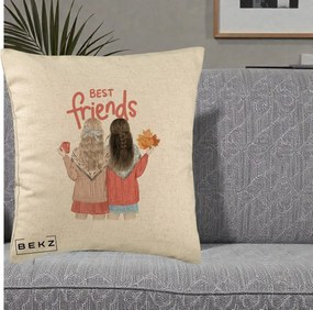Cadou pentru Prieteni - Perna Personalizata Best Friends Toamna, 40x40 cm, Bej, Husa Detasabila, Perna Inclusa, BEKZ®