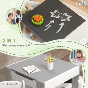 HOMCOM Set de Masă și Scaun pentru Copii, Set de Birou și Scaun pentru Copii 2-în-1 cu Tablă și Rafturi pentru Cărți, 61.5x61.5x48 cm, Gri | Aosom Romania