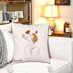 Perna Decorativa Portret Feminin Mac Privire Inalta, 40x40 cm, Bej cu Franjuri, Husa Detasabila, Perna Inclusa, BEKZ®