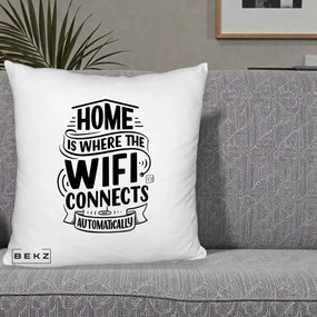 Perna Decorativa Home Is Where WiFi Connects, 40x40 cm, Alb Pufos, Husa Detasabila, Perna Inclusa, BEKZ®