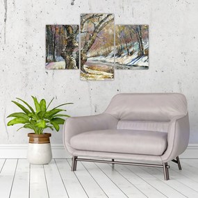 Tablou cu peisaj de iarnă pictat (90x60 cm)