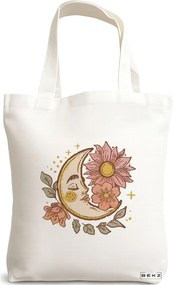 Sacosa de Panza pentru Cumparaturi, Geanta Tote Moon Flowers, 38x34.5 cm, Alba, BEKZ®
