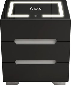 RESIGILAT- Noptieră inteligentă multifuncțională, 3 sertare, iluminare LED-uri Touch, 3 tipuri de culoare, încărcare fără fir, incarcare USB, sticla securizata, Negru