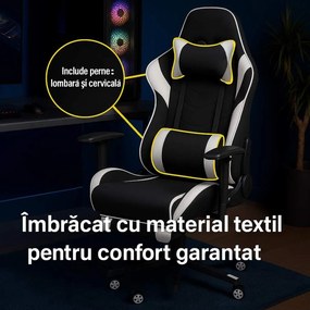 Scaun gaming alb din stofa cu suport de picioare, ergonomic si reglabil OFF 296