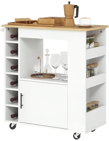 HOMCOM Cărucior de Bucătărie, Cărucior de Bucătărie cu Role, Căruț de Bucătărie cu Compartiment, Suporturi pentru Vin, Cabină și Blat de Lucru, Alb | Aosom Romania