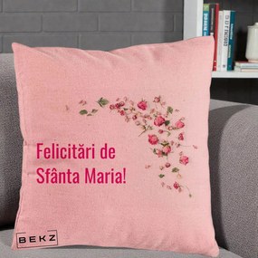 Cadou de Onomastica - Perna Personalizata Felicitari de Sfanta Maria, 40x40 cm, Roz, Husa Detasabila, Perna Inclusa, BEKZ®