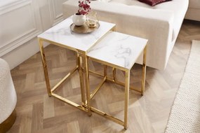 Neînvins Măsuță laterală Elegance set de 2 într-un cadru alb, auriu, cu aspect de marmură