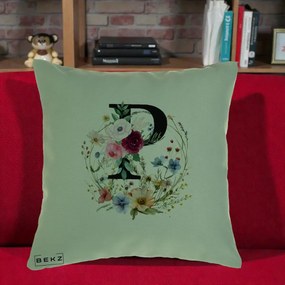 Cadou Personalizat - Perna Personalizata Monogram Litera P cu Flori Acuarela, 40x40 cm, Verde, Husa Detasabila, Perna Inclusa, BEKZ®