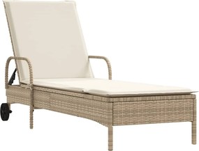 vidaXL Șezlong cu roți și pernă, bej, poliratan