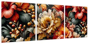 Tablou - Flori portocalii și roșii (cu ceas) (90x30 cm)