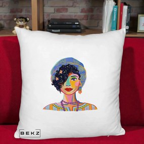Perna Decorativa Portret Femeie Etnic Colorat, 40x40 cm, Alb Pufos, Husa Detasabila, Perna Inclusa, BEKZ®