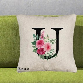 Cadou Personalizat - Perna Personalizata Monograma Florala Litera U, 40x40 cm, Bej Canapea, Husa Detasabila, Perna Inclusa, BEKZ®