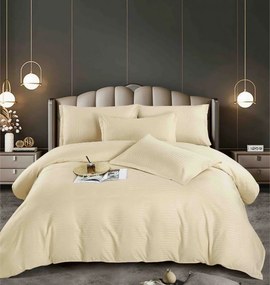 Lenjerie pat dublu, damasc finetat Deluxe, 6 piese, cearceaf pat cu elastic - Galben deschis
