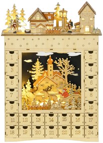 HOMCOM Calendar de Advent LED în formă de sat acoperit de zăpadă cu 24 de sertărașe decorațiune luminoasă de Crăciun bej | Aosom Romania