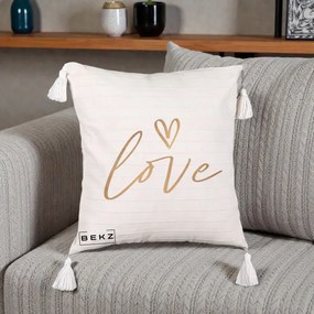 Perna Decorativa Love Caligrafie Aurie, 40x40 cm, Bej cu Franjuri, Husa Detasabila, Perna Inclusa, BEKZ®