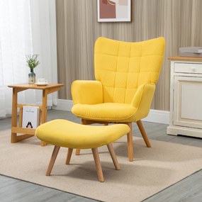 HOMCOM Fotoliu Accent cu Taburet, Fotoliu de Relaxare în Aspect de Catifea, Fotoliu cu Brațe și Picioare de Lemn, pentru Sufragerie, Galben | Aosom Romania