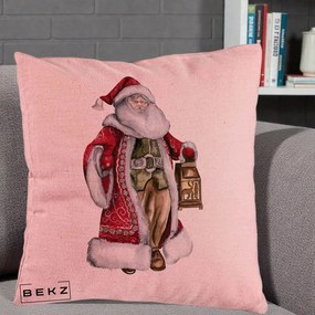 Perna Decorativa Mos Craciun Vintage cu Felinar, 40x40 cm, Roz, Husa Detasabila, Perna Inclusa, BEKZ®
