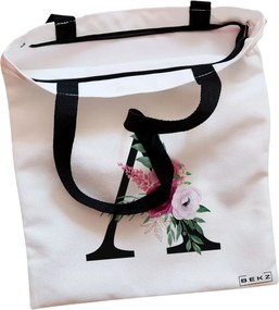 Sacosa de Panza pentru Cumparaturi, Geanta Tote, Cu litera A si Trandafiri, Cu fermoar, 38x34.5 cm, Alba, BEKZ®