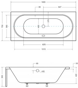 Cada baie dreptunghiulara, acril, 170 x 75 cm, Besco Vitae 1700x750 mm