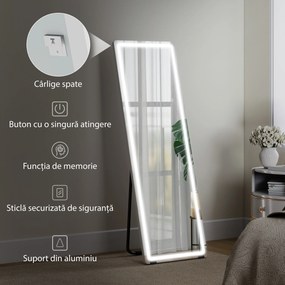 HOMCOM Oglindă de Corp Întreg cu LED, 150x50 cm, Iluminare în 3 Culori, de Podea, Sprijinită sau Montată pe Perete, Transparentă | Aosom Romania