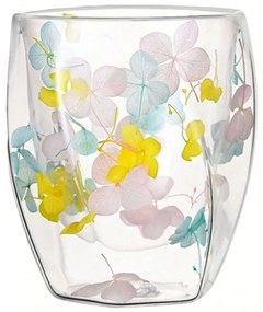 Pahar din sticlă, pereți dubli, flori uscate, hortensie galbenă, albastră și roz, 250 ml