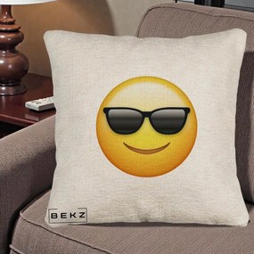 Perna Decorativa Emoji Cool Ochelari, 40x40 cm, Bej Canapea, Husa Detasabila, Perna Inclusa, BEKZ®