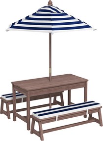 AIYAPLAY Set mobilier de grădină exterior pentru copii cu perne și parasol detașabil, dungi bleumarin și albe | Aosom Romania