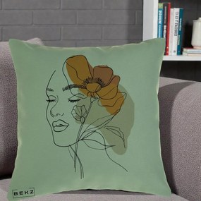Perna Decorativa Portret Feminin Mac Mare Portocaliu, 40x40 cm, Verde, Husa Detasabila, Perna Inclusa, BEKZ®
