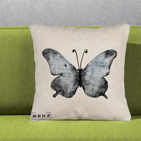 Perna Decorativa Fluture Acuarela Albastru-Gri, 40x40 cm, Bej Canapea, Husa Detasabila, Perna Inclusa, BEKZ®